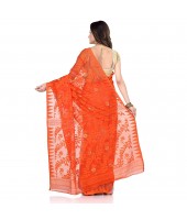 Bengal Handloom Tant Soft Dhakai Jamdani Cotton Saree Whole Body Design (Orange White)